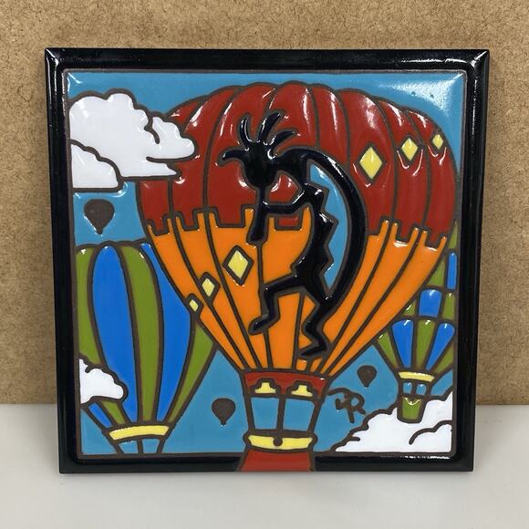 Kokopelli Tile Trivet Pottery Decor Hot Air Balloon 6" x 6" Made In Italy - Picture 1 of 10